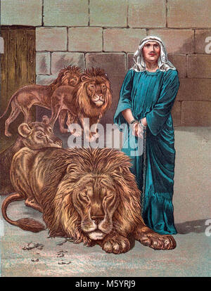 Daniel dans la fosse aux lions (Livre de Daniel). Illustration de l'histoire d'un enfant "de la Bible" par Mary Lathbury, publié en 1898. Banque D'Images