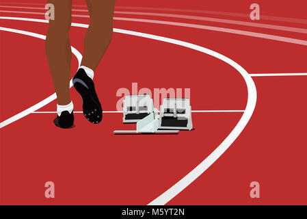 Athlète coureur et blocs de départ sur une piste de course stadium Banque D'Images