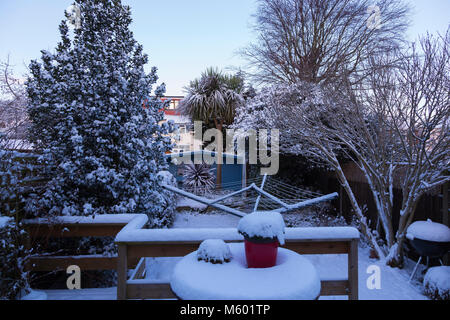 Jardin urbain après nuit de neige lourde Banque D'Images