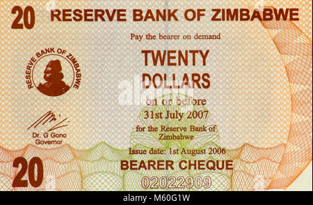 20 20 Zimbabwe Dollar Bank Note Banque D'Images