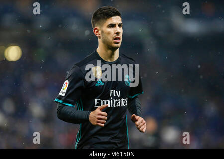 Barcelone, Espagne. Feb 27, 2018. Le milieu de terrain du Real Madrid Marco Asensio (20) pendant le match entre l'Espanyol v Real Madrid, pour la série 26 de la Liga Santander, jouée au stade RCDE le 27 février 2018 à Barcelone, Espagne. Más Información Gtres Crédit : Comuniación sur ligne, S.L./Alamy Live News Banque D'Images