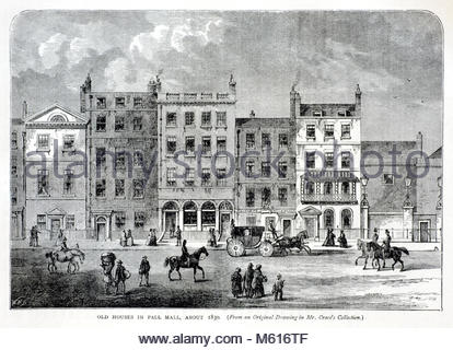 Maisons anciennes de Pall Mall, Londres 1830, gravure ancienne de 1875 Banque D'Images