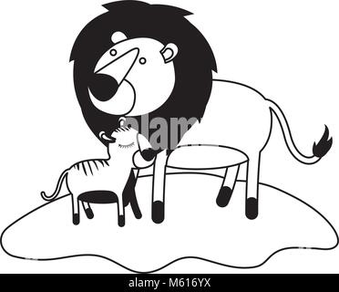 Cartoon lion cub et sur l'herbe en silhouette noire Illustration de Vecteur