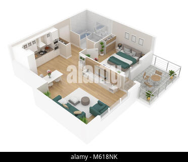 Plan du salon vue d'en haut. Intérieur appartement isolé sur fond blanc. 3D render Banque D'Images