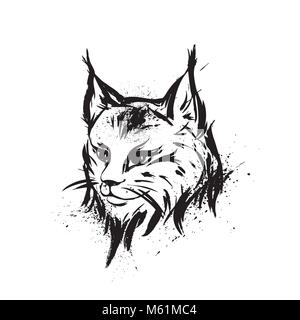 Lynx. Chat sauvage. Prédateur. Faites à la main. Noir et blanc. Stylisée. Décoratives. Vector Illustration de Vecteur