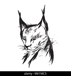 Lynx. Chat sauvage. Prédateur. Faites à la main. Noir et blanc. Stylisée. Décoratives. Vector Illustration de Vecteur