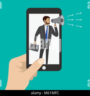 Smartphone dans la main. businessman with megaphone. Illustration de Vecteur