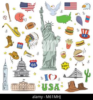 J'adore USA . Hand drawn doodle, éléments ou l'icône des objets Illustration de Vecteur