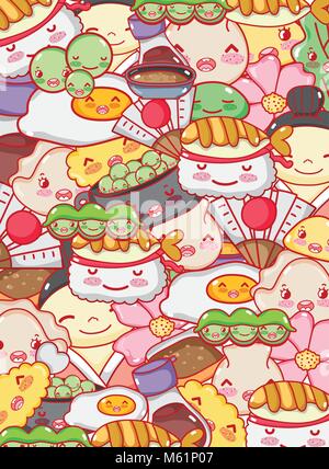 La gastronomie japonaise kawaii dessins animés d'arrière-plan Illustration de Vecteur