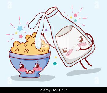 Bol de cornflakes et bouteille de lait kawaii dessins animés Illustration de Vecteur