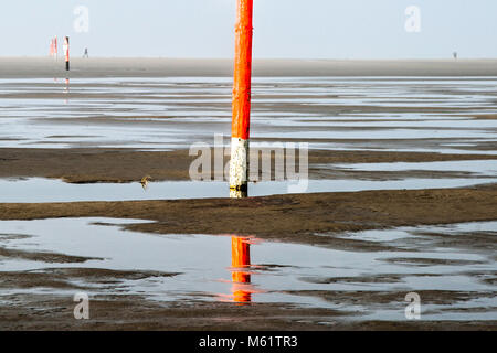 Plage buggy et voile à la plage de Sankt Peter-Ording, Allemagne. Orange pole et son reflet dans une flaque, plage à marée basse dans la station balnéaire St Peter Ording Allemagne Banque D'Images