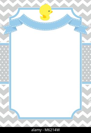 Mignon bébé douche card ou une invitation avec un petit bébé canard en caoutchouc sur modèle chevron et Polka Dots background Illustration de Vecteur