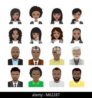 Définir des femmes noires et l'homme avatar isolé sur fond blanc . Les visages et les styles de cheveux. Stock Vector illustration Illustration de Vecteur