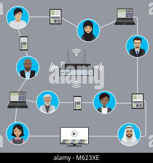 Image conceptuelle du lien entre les gens d'affaires avec smart gadgets.Télévision Vector illustration. Illustration de Vecteur