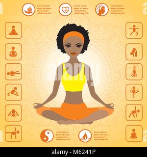 African American girl Cute assis dans la position du lotus, le yoga et l'icône de l'infographie, vector illustration. Illustration de Vecteur