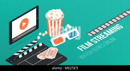 Streaming films et séries en ligne sur un smartphone, popcorn, Meissen et lunettes 3d : concept de divertissement et de vidéo Illustration de Vecteur