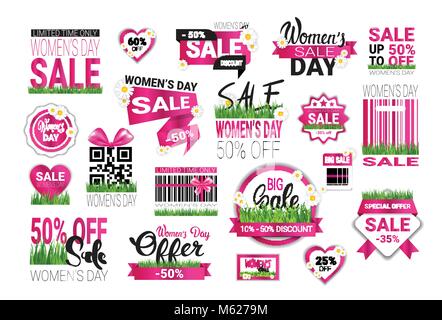 Grand ensemble de vente autocollants pour la Journée internationale des femmes Offre Spéciale Badges Modèle signes isolés de Promotion Illustration de Vecteur