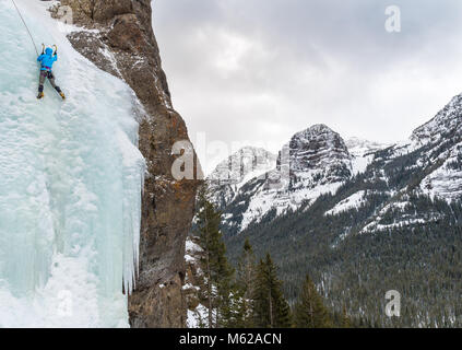 Noelle Synder escalade un itinéraire appelé plus facile WI3 dans Hyalite Canyon Banque D'Images