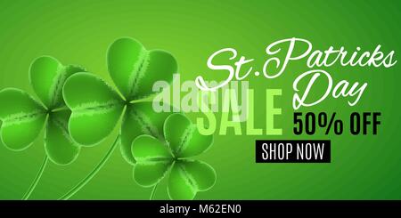 Vente pour le jour de Saint Patricks Day. Trèfles de trèfles. Affiche pour la vente. Gros rabais. Vector illustration. EPS 10 Illustration de Vecteur