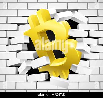 Icône de signe Bitcoin Blanc Rupture Brick Wall Illustration de Vecteur