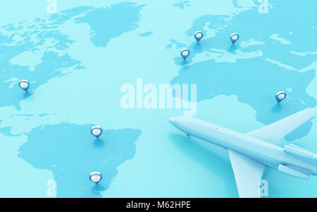 3d illustration. Des avions volant autour de globe avec pointeur de carte. Concept de voyage du monde. Banque D'Images