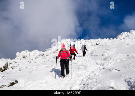 Les randonneurs bien équipés de crampons et piolets de randonnée sommet Snowdon dans la neige en hiver dans le parc national de Snowdonia. Pays de Galles, Royaume-Uni, Angleterre Banque D'Images