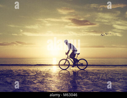 Du vélo de montagne sur la plage au lever du soleil avec des oiseaux volant derrière. Banque D'Images