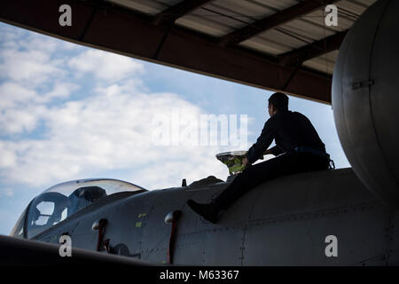 Airman Senior Michael Atkinson, 74e Unité de maintenance d'aéronefs, chef d'équipe dédié protège un composant avant de laver un A-10C Thunderbolt II, le 8 février 2018, à Moody Air Force Base, Ga. aviateurs bouclé divers composants électriques avant le lavage pour les protéger des produits chimiques présents dans le savon. En plus de l'entretien mécanique et électrique, UN-10 doivent être lavés tous les 180 jours ou d'environ 1 000 heures de vol afin de contrôler la corrosion causée par l'arme à feu et de résidus d'échappement du moteur. (U.S. Air Force Banque D'Images