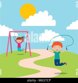 Happy kids playing jum corde et profiter de Monkey bar Illustration de Vecteur