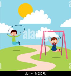 Happy kids playing jum corde et profiter de Monkey bar Illustration de Vecteur