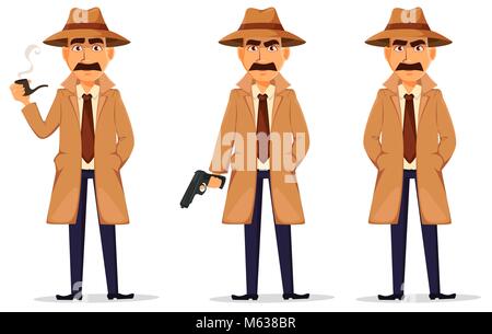 Le détective en chapeau et manteau. Ensemble de beau personnage avec pipe, avec une arme à feu et debout avec les mains dans les poches. Vector illustration iso Illustration de Vecteur