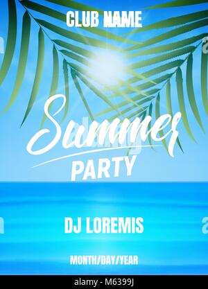 Fête de l'été. Poster de l'océan, de palmiers et ciel bleu avec soleil. Illustration de Vecteur