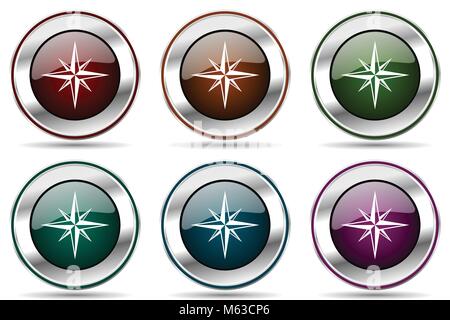 Vector Compass icon set. Chrome argent métallique icônes frontière pour la conception web et des applications smartphone Illustration de Vecteur