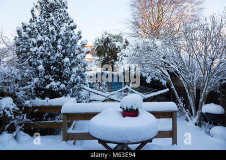 Jardin urbain après une nuit de neige Banque D'Images