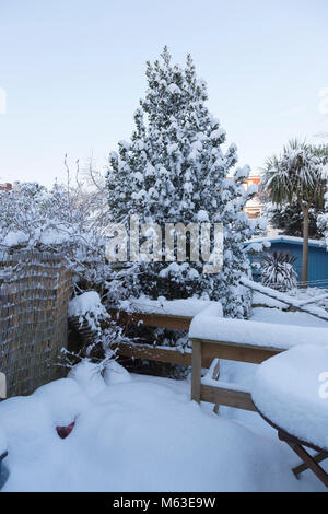 Jardin urbain après une nuit de neige Banque D'Images