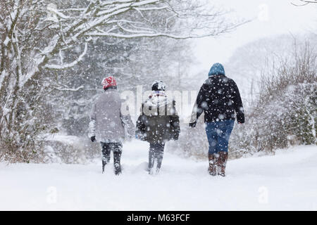 Marwood, Barnard Castle, comté de Durham, Royaume-Uni. 28 Février, 2018. Météo britannique. Comme le poids de la neige couvre le territoire autour de Barnard Castle la fermeture de nombreuses écoles cette famille a réussi à sortir et profiter d'une promenade dans la neige. Les prévisions sont pour plus de la même chose avec un Met Office d'alerte météo orange pour la neige en vigueur pour le nord-est de l'Angleterre. David Forster/Alamy Live News Banque D'Images