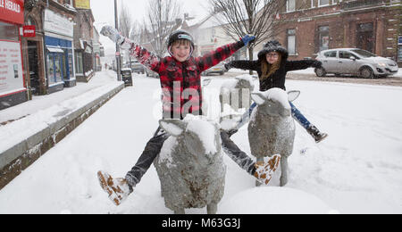 De Lockerbie, en Écosse, au Royaume-Uni. 28 Février, 2018. Météo britannique. Beaucoup de neige provoque l'alerte rouge dans les régions de l'Écosse. Le poids de la neige qui tombe sur Lockerbie. Conor et Lucy Walker assis sur les brebis des sculptures dans le centre-ville de Lockerbie. L'Écosse crédit : Allan Devlin/Alamy Live News Banque D'Images