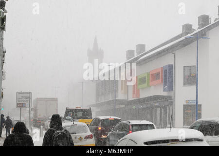 Denny, Ecosse, Royaume-Uni. 28 Février, 2018. Le centre-ville de Denny touchés par le mauvais temps et la neige Crédit : Andrew McKenna/Alamy Live News Banque D'Images