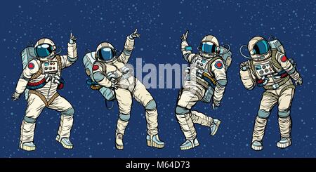 Disco Party danse hommes et femmes astronautes Illustration de Vecteur