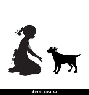 Silhouette fille assise genoux chien invitent Illustration de Vecteur