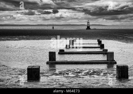 Épis sur Crosby Beach, le Merseyside. Tourné en noir et blanc Banque D'Images