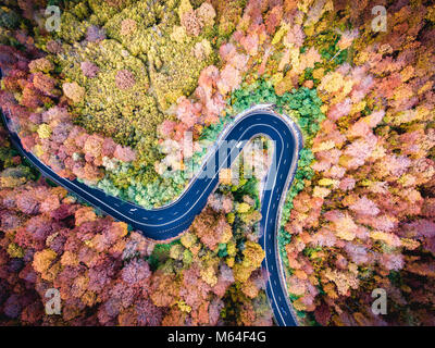 Route sinueuse à travers la forêt. Bonjour le col de montagne en Transylvanie, Roumanie. Vue aérienne d'un drone. Banque D'Images