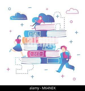 L'éducation en ligne. Learning Web Design, codage et référencement. Vector Illustration. Pile de livres avec les gens. Illustration de Vecteur