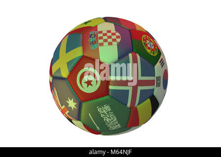 Football réaliste isolés avec des drapeaux de pays, dans le centre de la Tunisie, la Croatie, l'Islande et l'Arabie Saoudite, 3D Rendering Banque D'Images