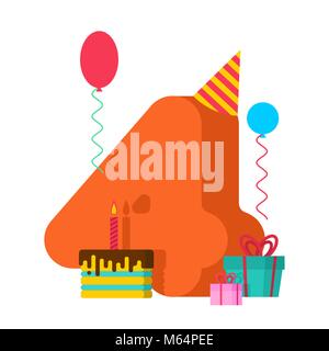 4 an Anniversaire signe. Modèle 4ème carte de souhaits anniversaire. Quatre nombre et festif du gâteau avec bougie. Ballon et boîte-cadeau. Illustration de Vecteur