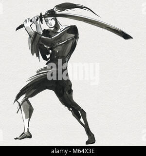 Silhouette samouraï. Style Chinois. Peinture à la main à l'Aquarelle illustration Banque D'Images