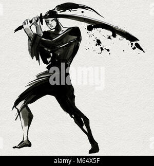 Silhouette samouraï. Style Chinois. Peinture à la main à l'Aquarelle illustration Banque D'Images