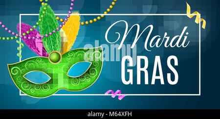 Bannière pour Mardi Gras, carnaval. Masque de luxe avec des plumes colorées. L'affiche de la fête, modèle. Couvrir avec une bannière. Des rubans multicolores, rsrhd Illustration de Vecteur