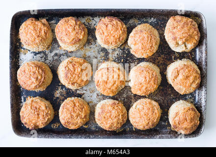 Fromage scones fraîchement cuits sur une plaque de cuisson. Banque D'Images