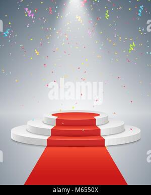 Podium blanc et red road. Le gagnant est en premier lieu. La lumière vive d'un spot. Confettis multicolores battant. Blanc. Événement festif. V Illustration de Vecteur